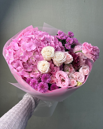 Розово-фиолетовый букет из гортензий, роз и эустом with delivery to Astana